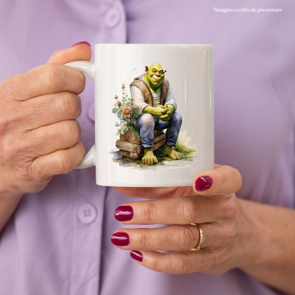 Cana Cu Shrek, Flori, Haine, Capcaun, Lemne, Frunze, Multicolor 330 ml, Ceramica cu Maner Alb [3]