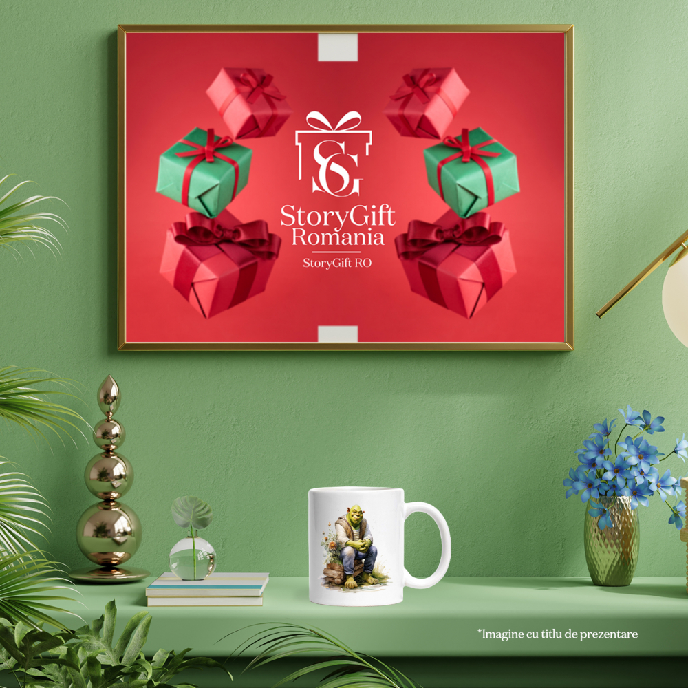 Cana Cu Shrek, Flori, Haine, Capcaun, Lemne, Frunze, Multicolor 330 ml, Ceramica cu Maner Alb [4]