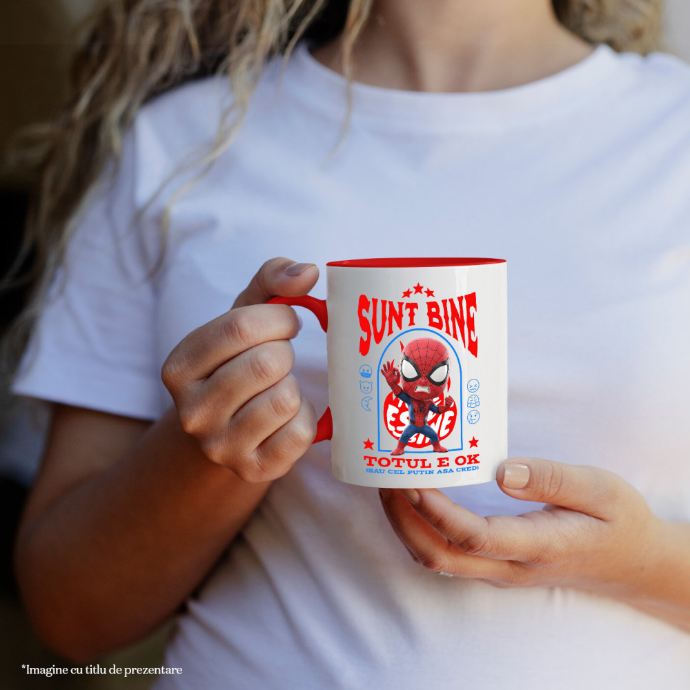 Cana Cu Spiderman, Ok, Sarcastic, Nervos, Iritat Ceramica, 330ML, cu Maner Rosu [2]