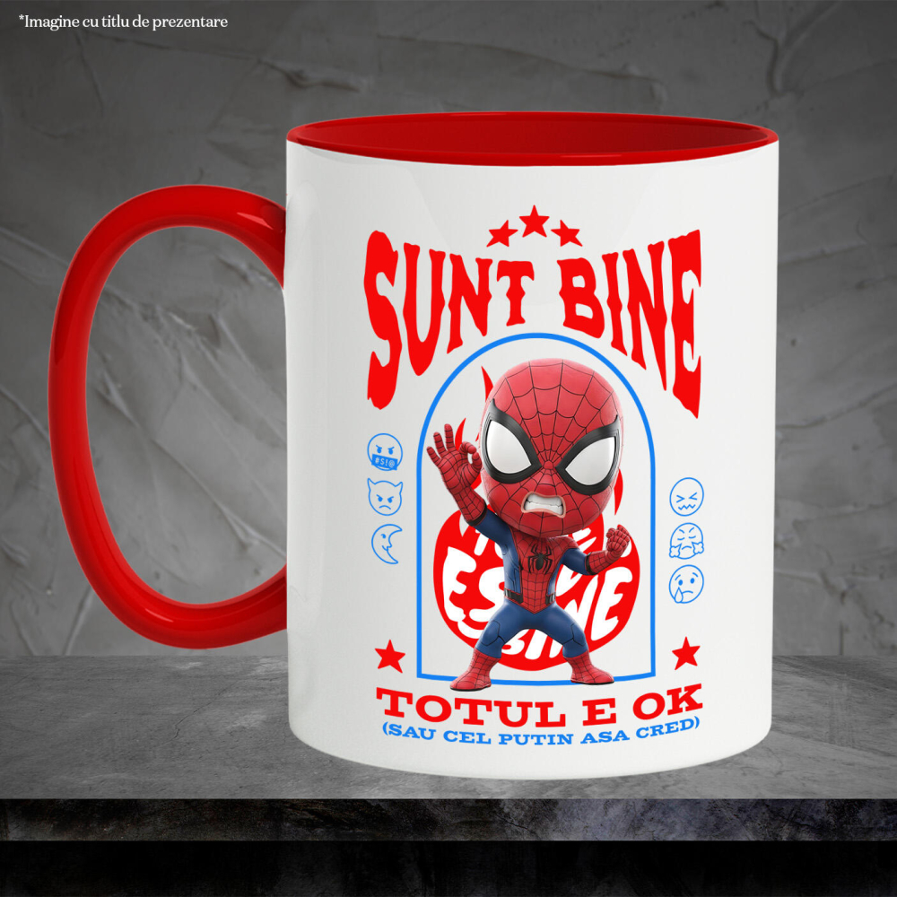 Cana Cu Spiderman, Ok, Sarcastic, Nervos, Iritat Ceramica, 330ML, cu Maner Rosu [3]