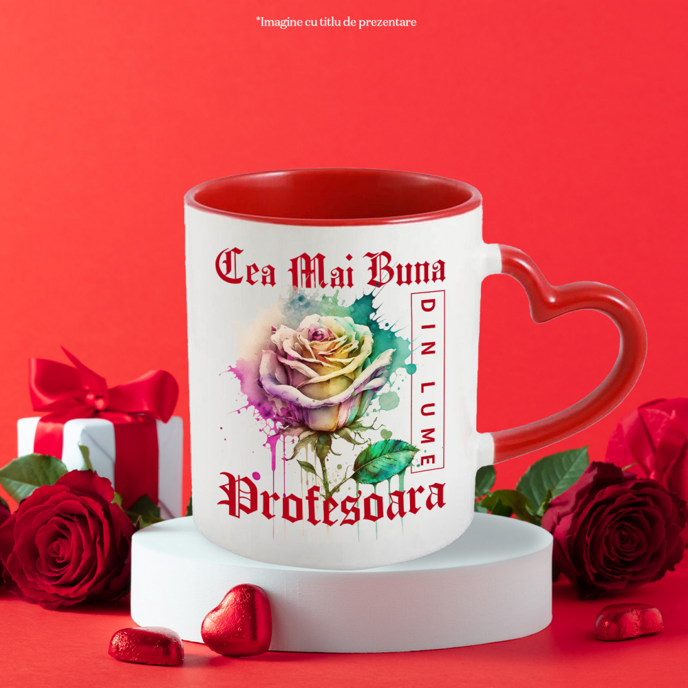 Cana Cu Textul Cea Mai Buna Profesoara, Din Lume, Floare, Trandafir Colorat, Watercolor, Pictura pe Apa, Design , 330ml, Ceramica cu Maner Inima Rosie [3]