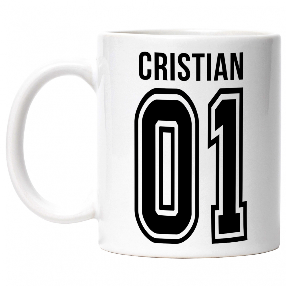 Cana Cu Textul Cristian, si Numarul 01, Cel Mai Bun, Apreciere, Personalizat, 330ml, Ceramic cu Maner Alb [1]