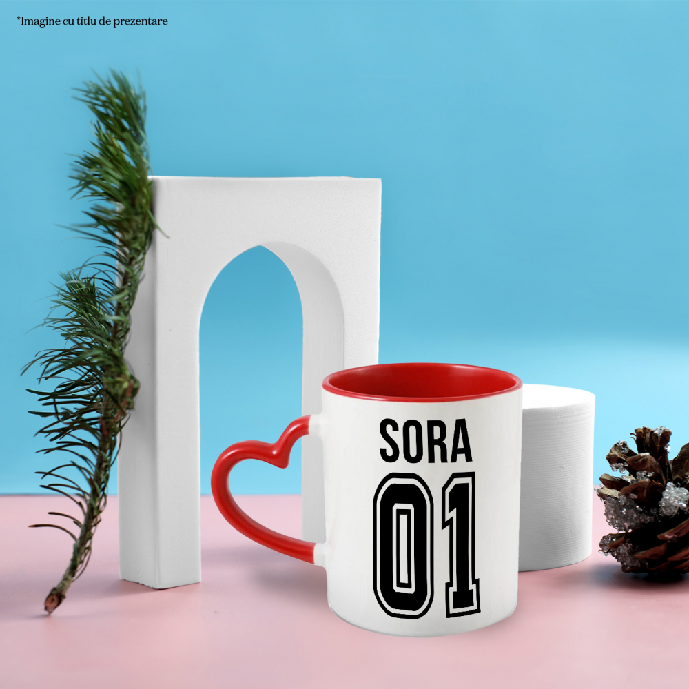 Cana Cu Textul  sora, si Numarul 01, Cel Mai Bun, Apreciere, Personalizat, 330ml, Ceramica cu Maner Inima Rosie [2]