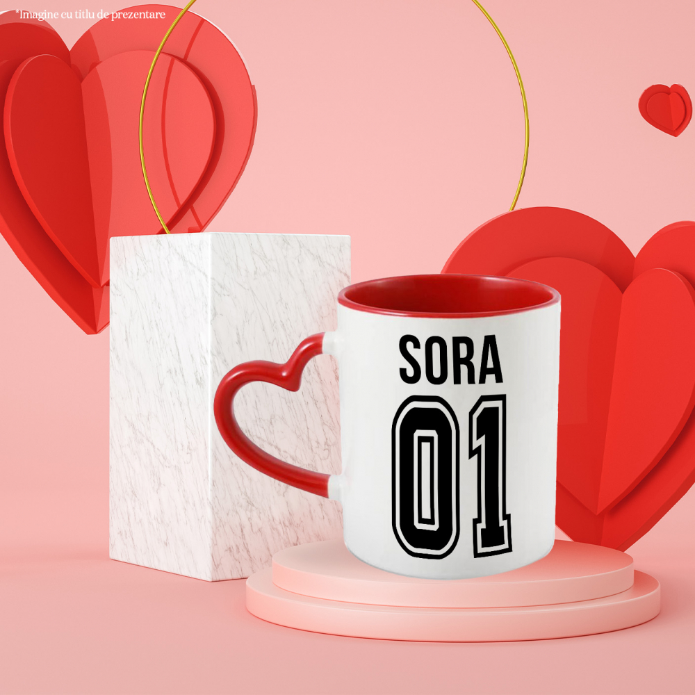 Cana Cu Textul  sora, si Numarul 01, Cel Mai Bun, Apreciere, Personalizat, 330ml, Ceramica cu Maner Inima Rosie [3]