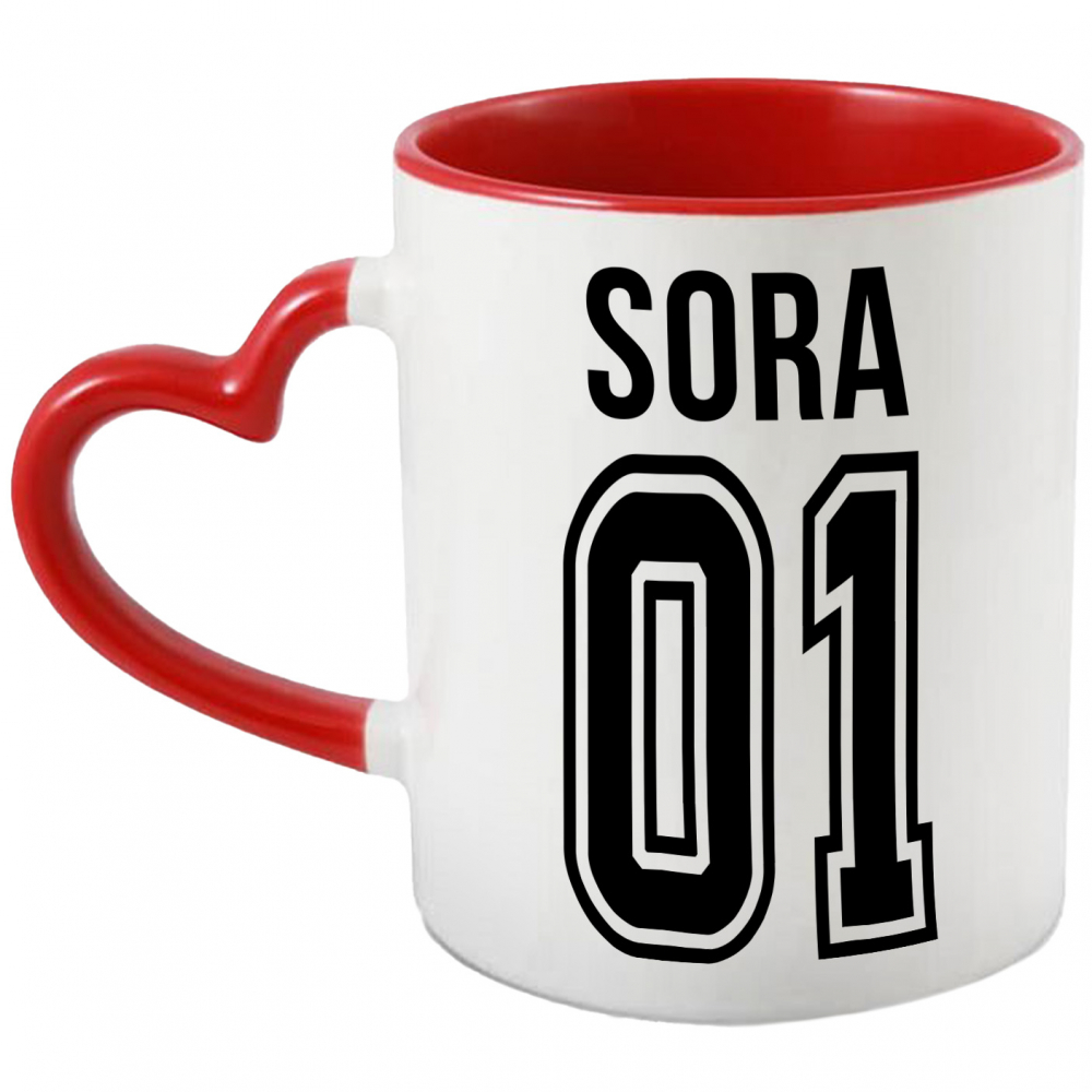 Cana Cu Textul  sora, si Numarul 01, Cel Mai Bun, Apreciere, Personalizat, 330ml, Ceramica cu Maner Inima Rosie [1]