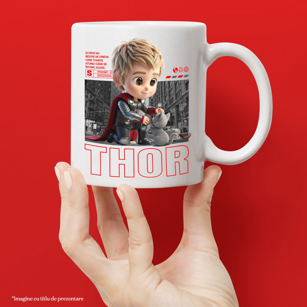 Cana Cu Thor si Pisicuta – Aventura Legendară Ceramica, 330ML, cu Maner Alb [2]