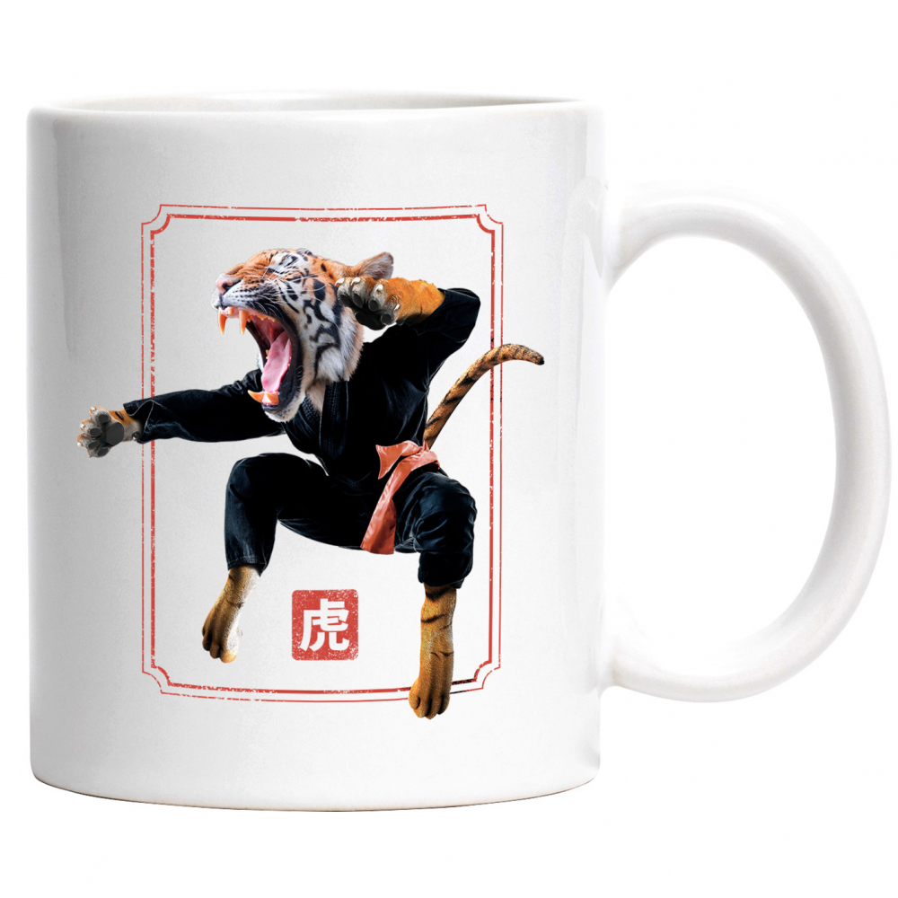 Cana Cu Tigru, Kung Fu, Karate, Centura, Luptator, Iubitori De Sport, Multicolor 330 ml, Ceramica cu Maner Alb [1]