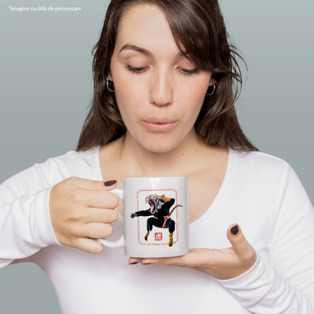 Cana Cu Tigru, Kung Fu, Karate, Centura, Luptator, Iubitori De Sport, Multicolor 330 ml, Ceramica cu Maner Alb [2]