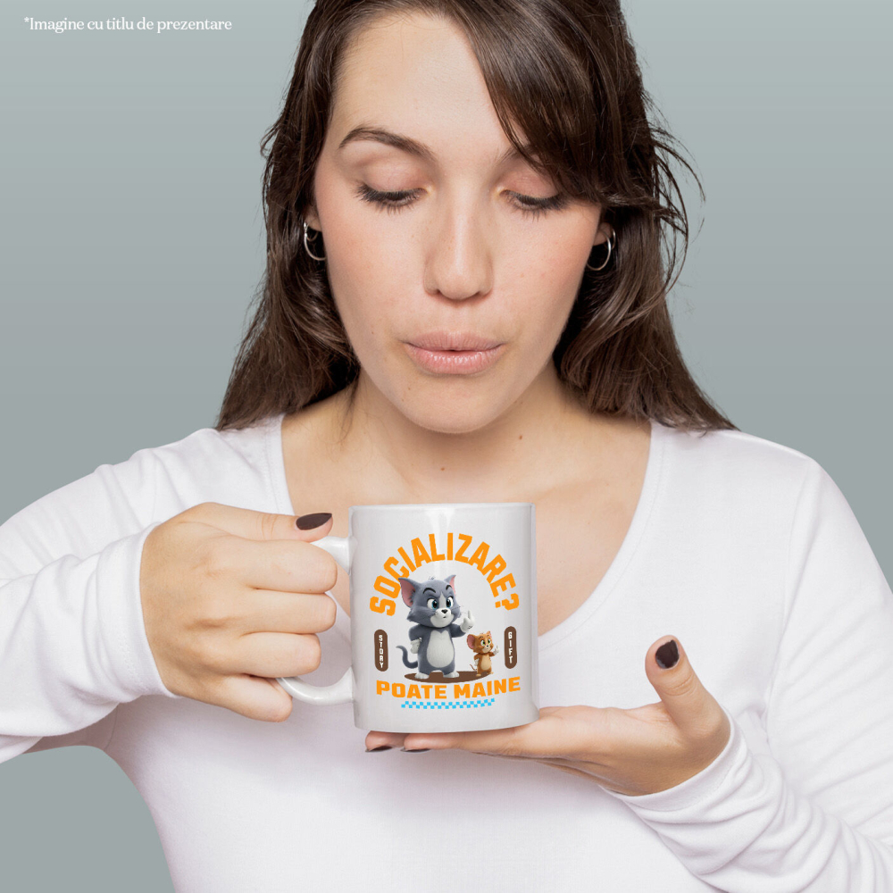 Cana Cu Tom si Jerry: Aventuri Pe Skateboard , Degetul Mijlociu, Socializare? Poate maine, Anti-social Ceramica, 330ML, cu Maner Alb [2]