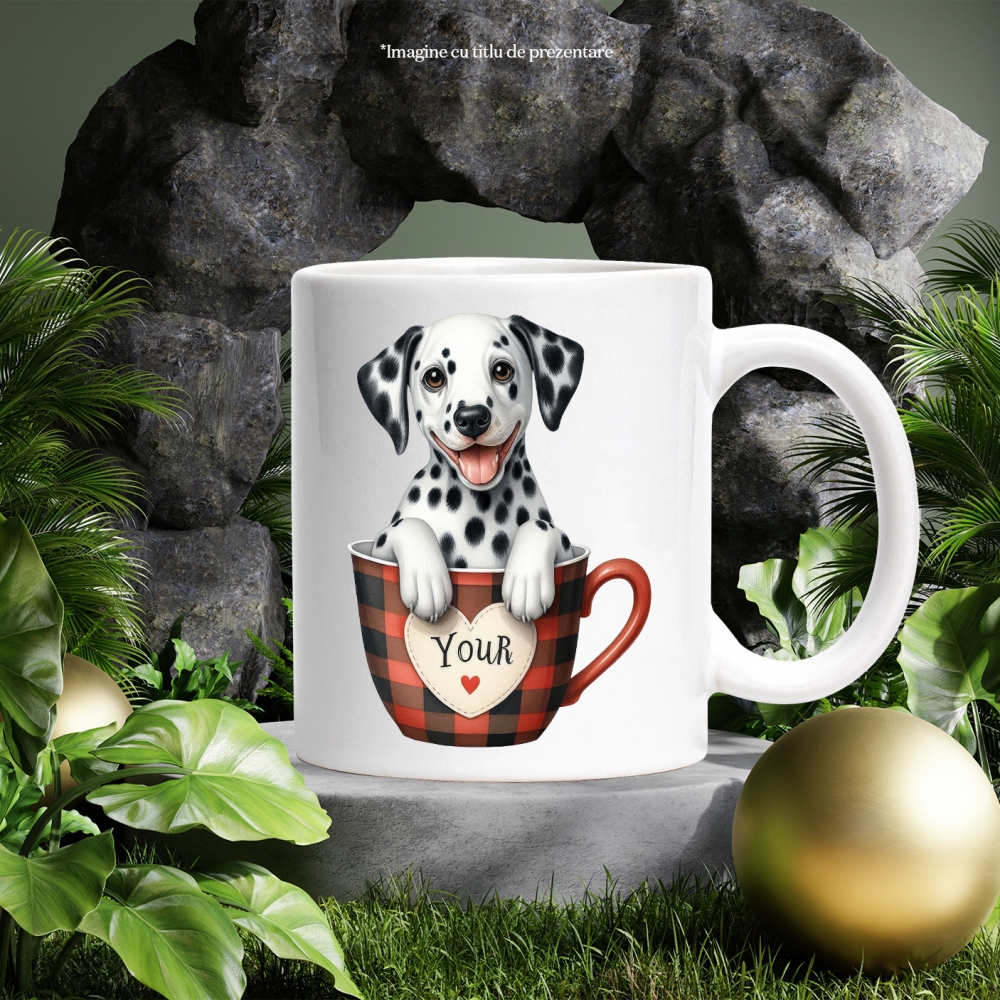 Cana cu un catel Dalmatian, ilustratiesta intr-o ceasca, important, cafea, afectiune, grija, prietenul omului cu Maner Alb [3]