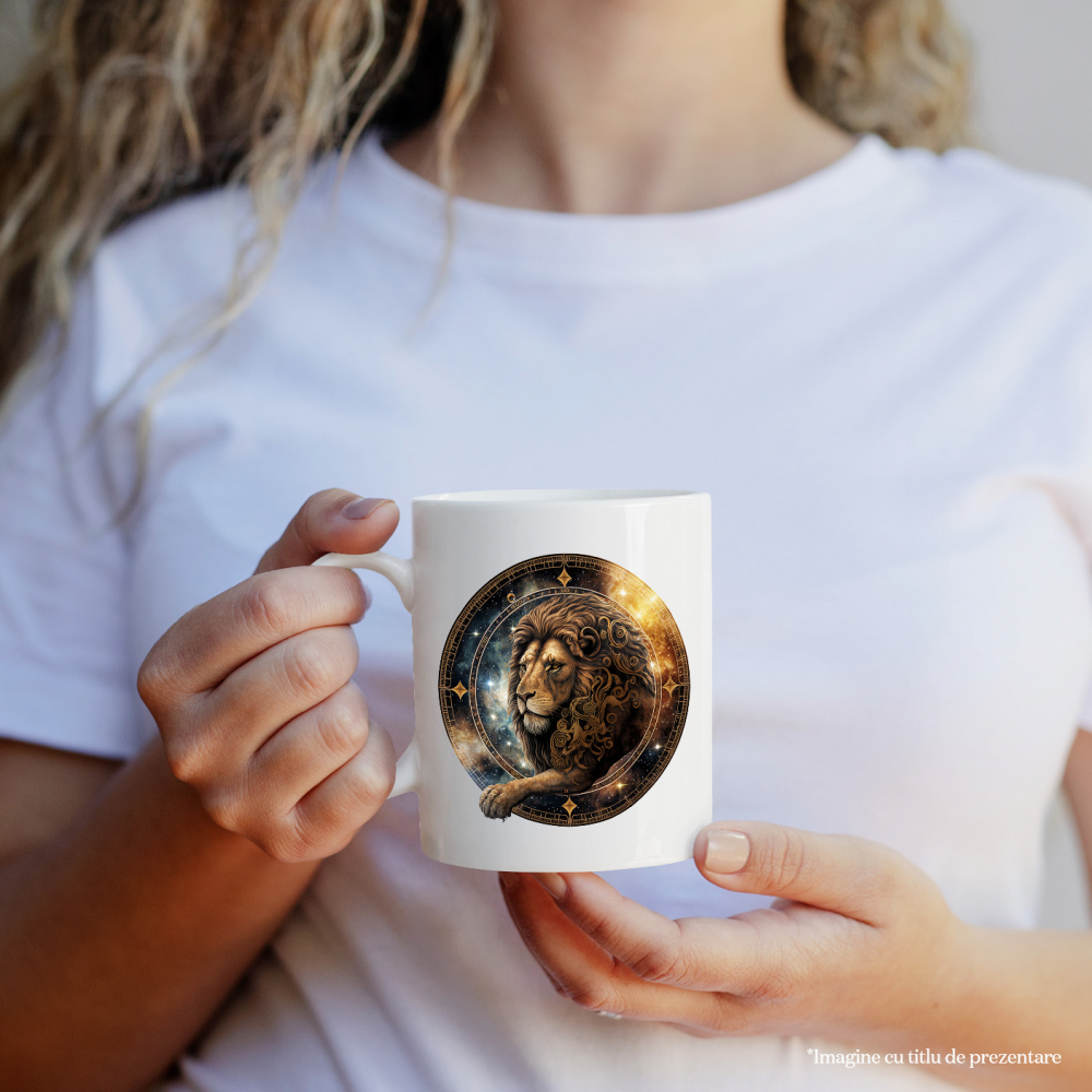 Cana cu un leu serios | ilustratie | arta abstracta | cerc | zodie | galaxie | stele | 330ml | Ceramic cu Maner Alb [2]