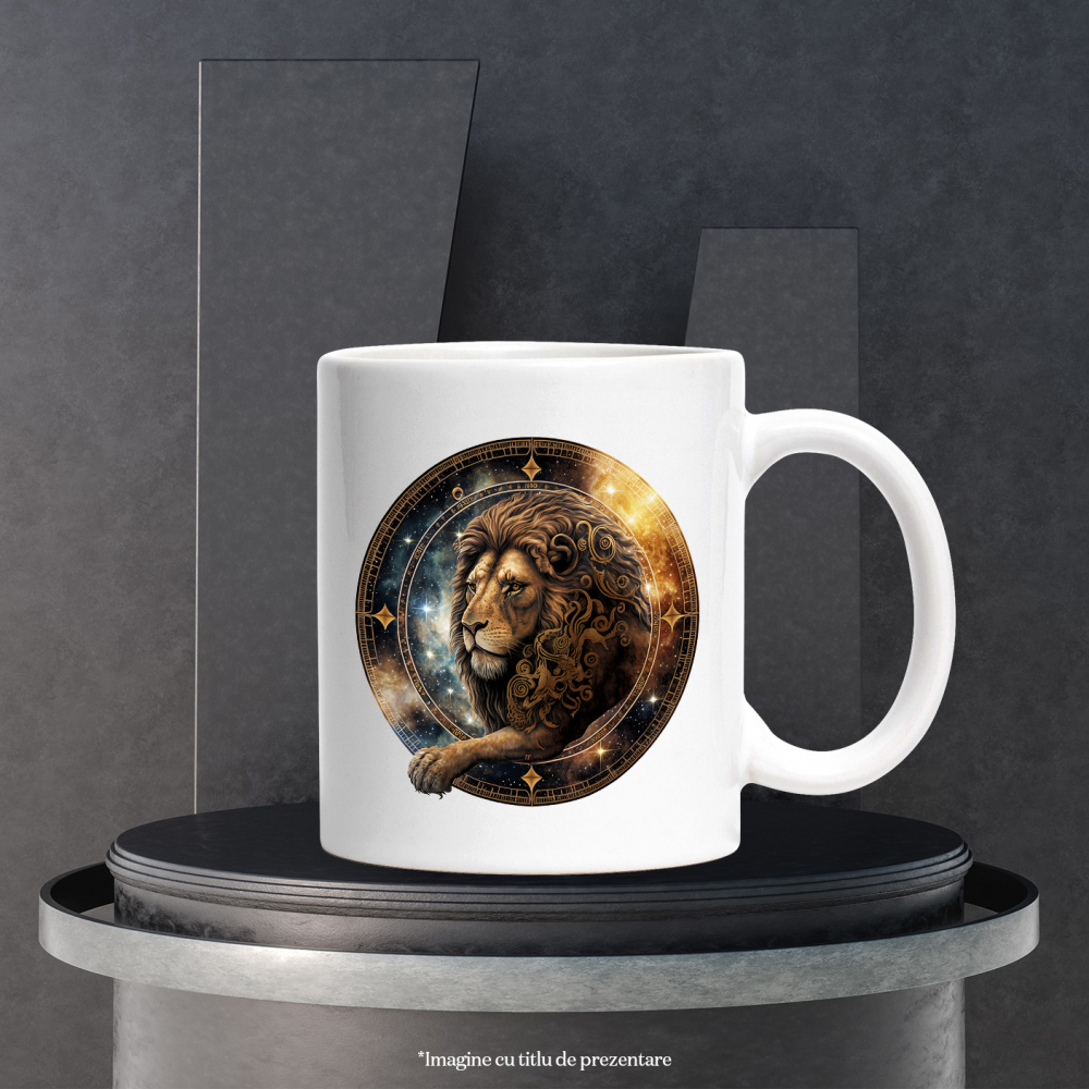 Cana cu un leu serios | ilustratie | arta abstracta | cerc | zodie | galaxie | stele | 330ml | Ceramic cu Maner Alb [3]