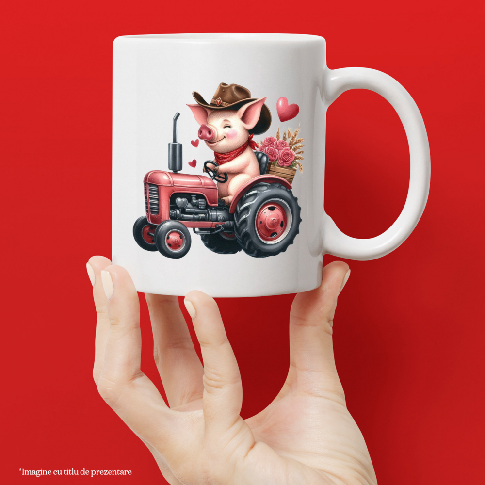 Cana cu un purcelus care conduce un tractor, ilustratie, trandafiri, ferma, inimioare, pasiune, palarie de cowboy cu Maner Alb [2]