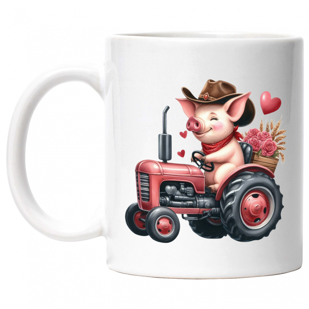 Cana cu un purcelus care conduce un tractor, ilustratie, trandafiri, ferma, inimioare, pasiune, palarie de cowboy cu Maner Alb [1]
