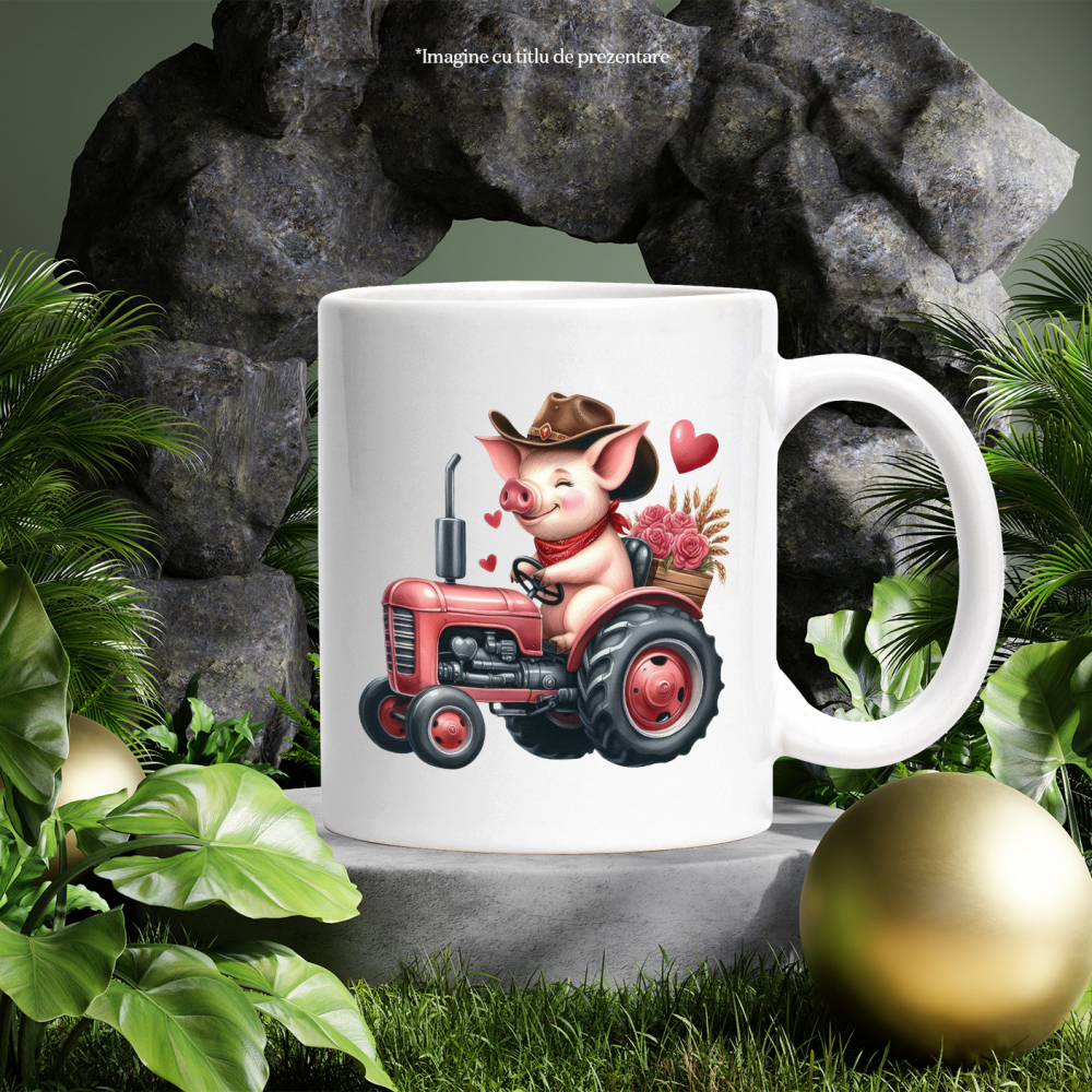 Cana cu un purcelus care conduce un tractor, ilustratie, trandafiri, ferma, inimioare, pasiune, palarie de cowboy cu Maner Alb [3]