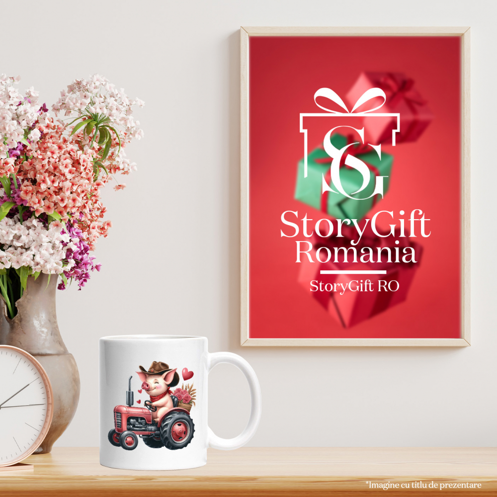 Cana cu un purcelus care conduce un tractor, ilustratie, trandafiri, ferma, inimioare, pasiune, palarie de cowboy cu Maner Alb [4]