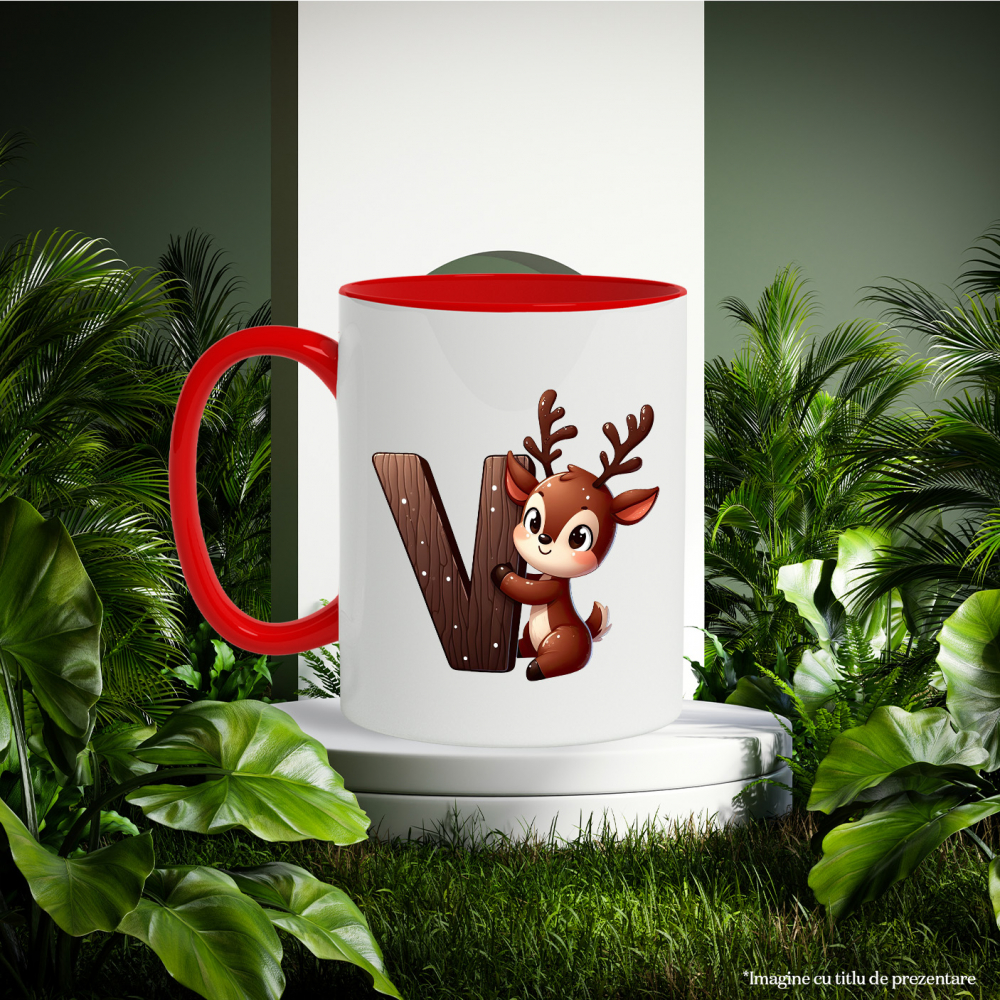 Cana cu un ren care tine litera "V" | fericire | scoala | pentru copii | invata | alfabet | abecedar | limba romana | 330ml | Ceramic cu Maner Rosu [3]