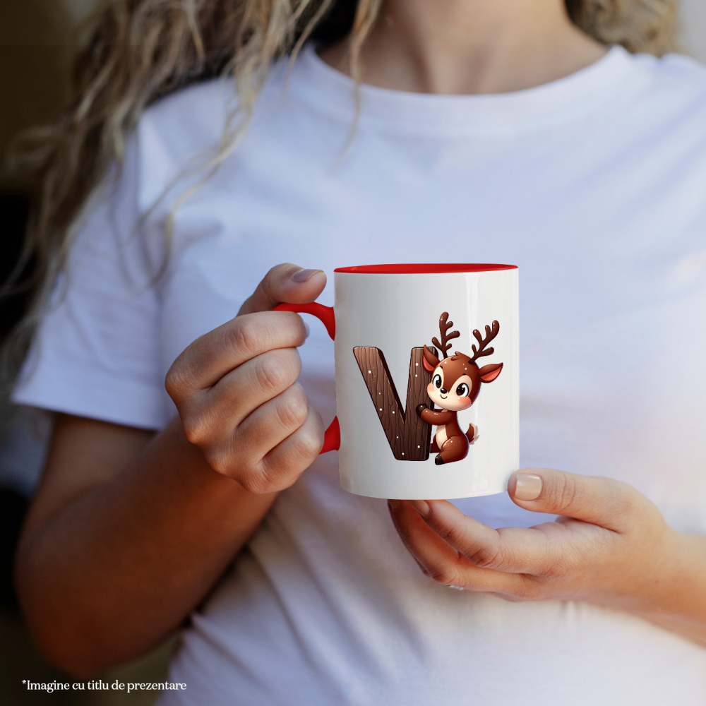 Cana cu un ren care tine litera "V" | fericire | scoala | pentru copii | invata | alfabet | abecedar | limba romana | 330ml | Ceramic cu Maner Rosu [2]
