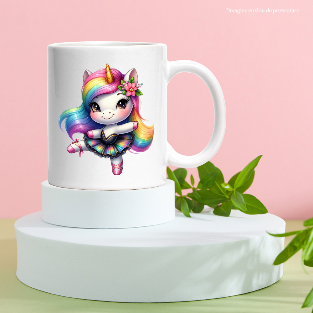Cana cu un unicorn care danseaza | ilustratie | balet | rochita | imbujorata | talent | pasiune | floare | 330ml | Ceramic cu Maner Alb [3]