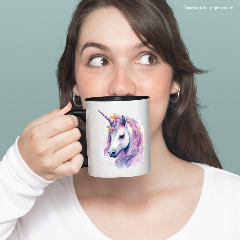 Cana cu un unicorn, ilustratie, floricele, serios, putin trist, coama mov, pete de culori cu Maner Negru [2]