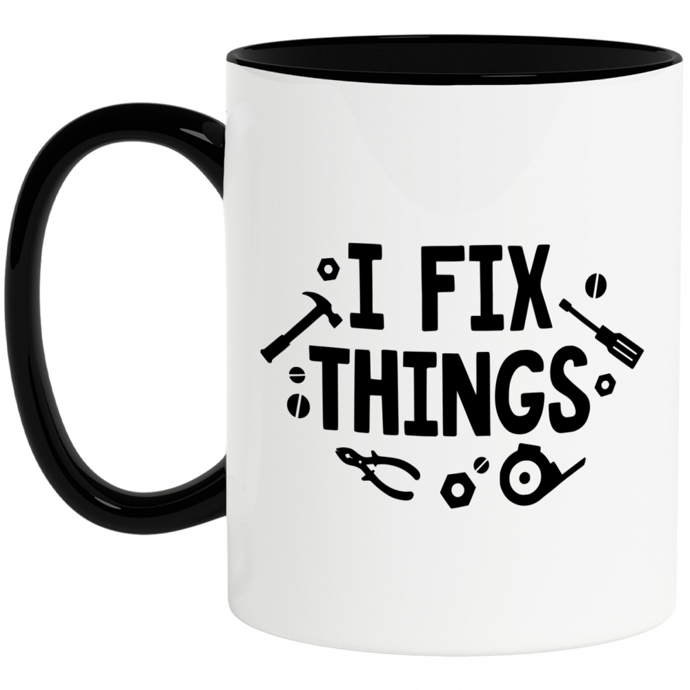 Cana cu unelte si mesajul in engleza "I fix things" - eu repar lucruri cu Maner Negru [1]