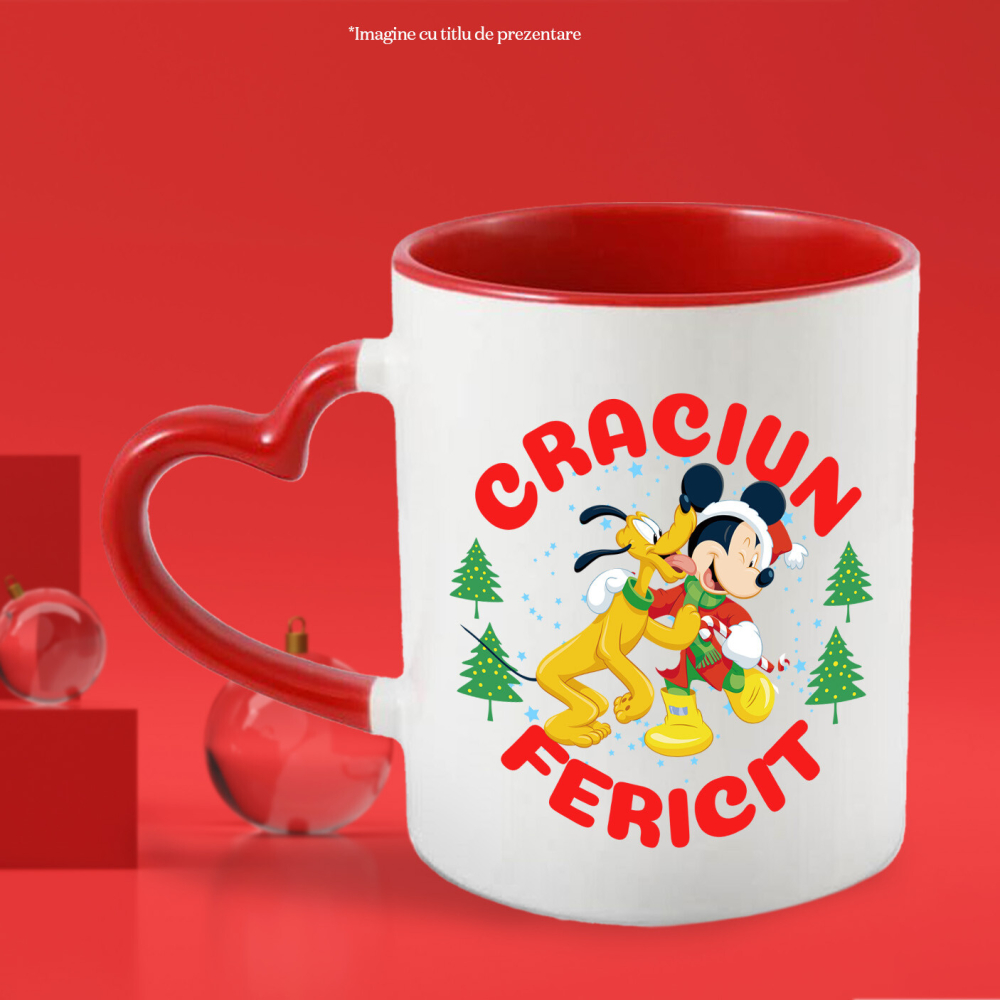 Cana Cu Univers Disney cu Mickey Mouse si Pluto de Craciun Ceramica, 330ML, cu Maner Inima Rosie [2]
