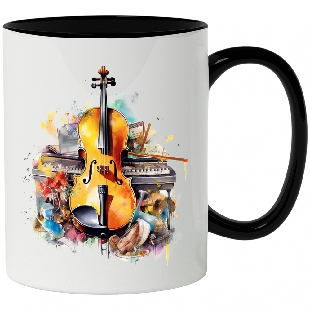 Cana Cu Violoncel, Instrumente Muzicale, Pian, Flori, Arcus, Multicolor 330 ml, Ceramica cu Maner Negru [1]