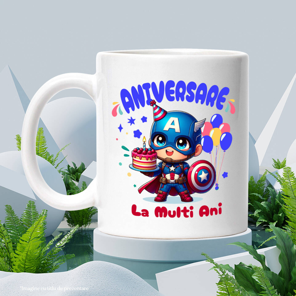 Cana Cu Zi de Nastere cu Scut si Curaj – Captain America Ceramica, 330ML, cu Maner Alb [3]
