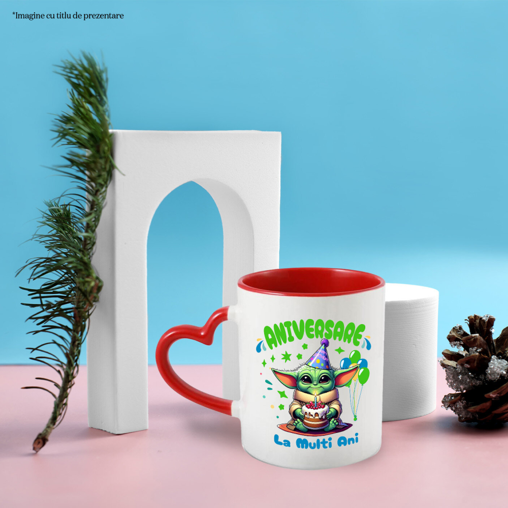 Cana Cu Zi de Nastere Magica cu Baby Yoda Ceramica, 330ML, cu Maner Inima Rosie [2]