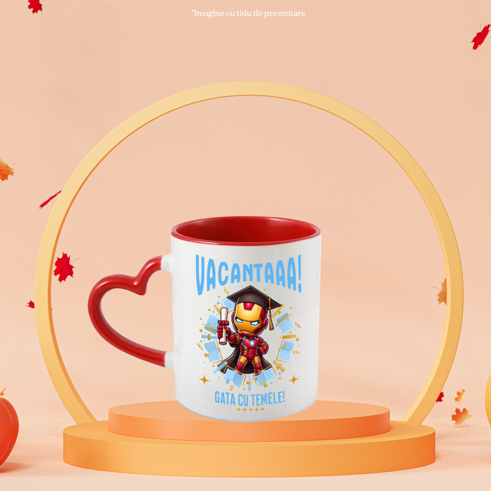 Cana Cu Zile de Vacanta cu Iron Man si Diplome Ceramica, 330ML, cu Maner Inima Rosie [2]
