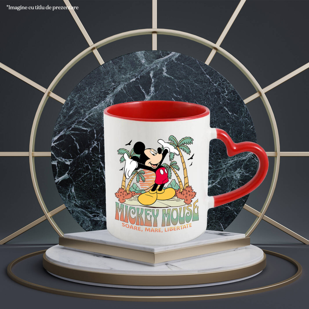 Cana Cu Zile Insorite cu Mickey Mouse si Palmierii Ceramica, 330ML, cu Maner Inima Rosie [2]