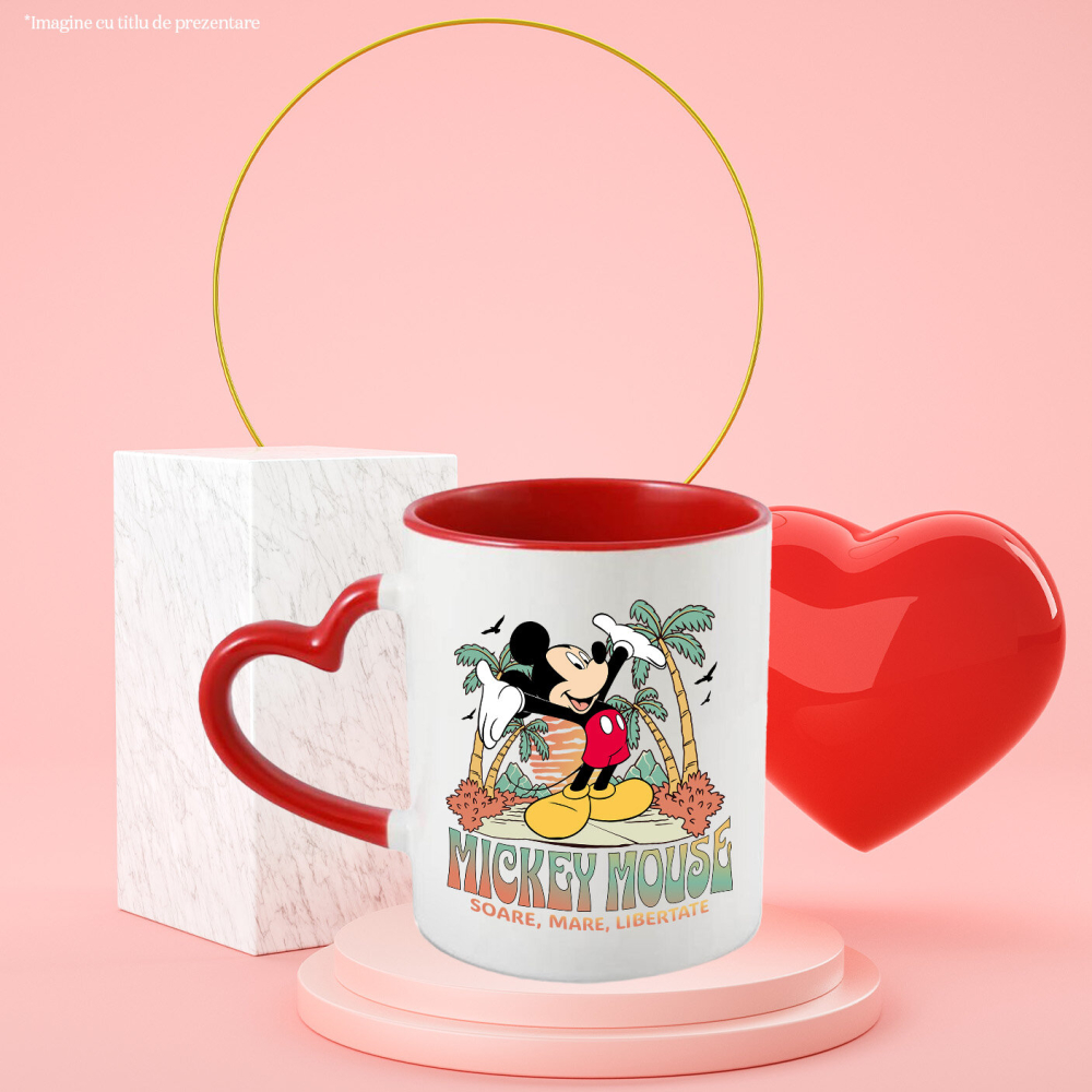 Cana Cu Zile Insorite cu Mickey Mouse si Palmierii Ceramica, 330ML, cu Maner Inima Rosie [3]