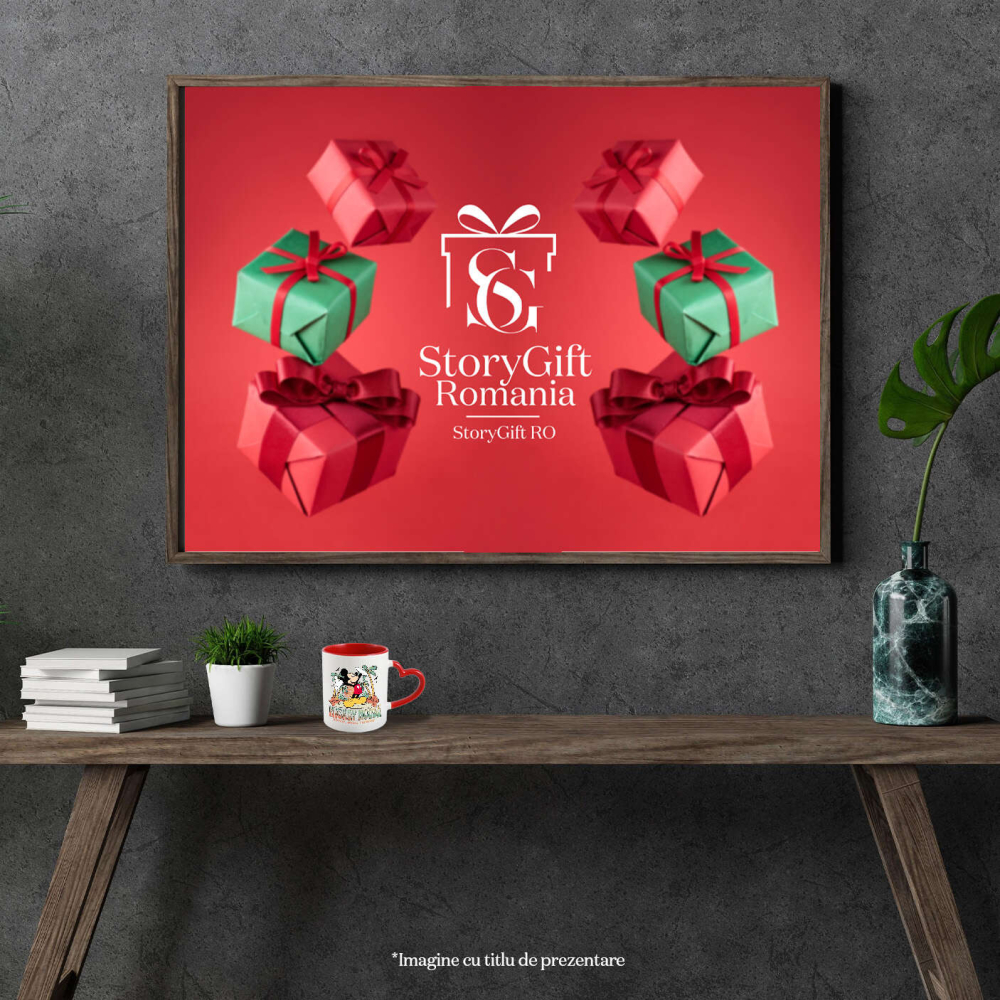 Cana Cu Zile Insorite cu Mickey Mouse si Palmierii Ceramica, 330ML, cu Maner Inima Rosie [4]