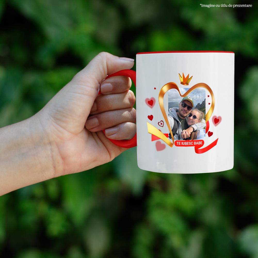 Cana Cuplu Fericit, Coroana Regala, Inimi Rosii, Mesaj Personalizat cu Maner si Interior Rosu [2]
