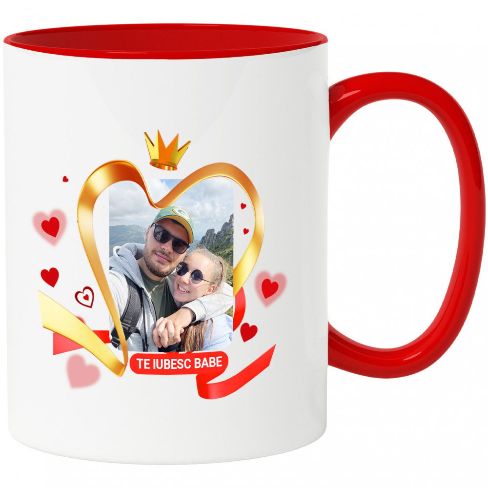 Cana Cuplu Fericit, Coroana Regala, Inimi Rosii, Mesaj Personalizat cu Maner si Interior Rosu [1]