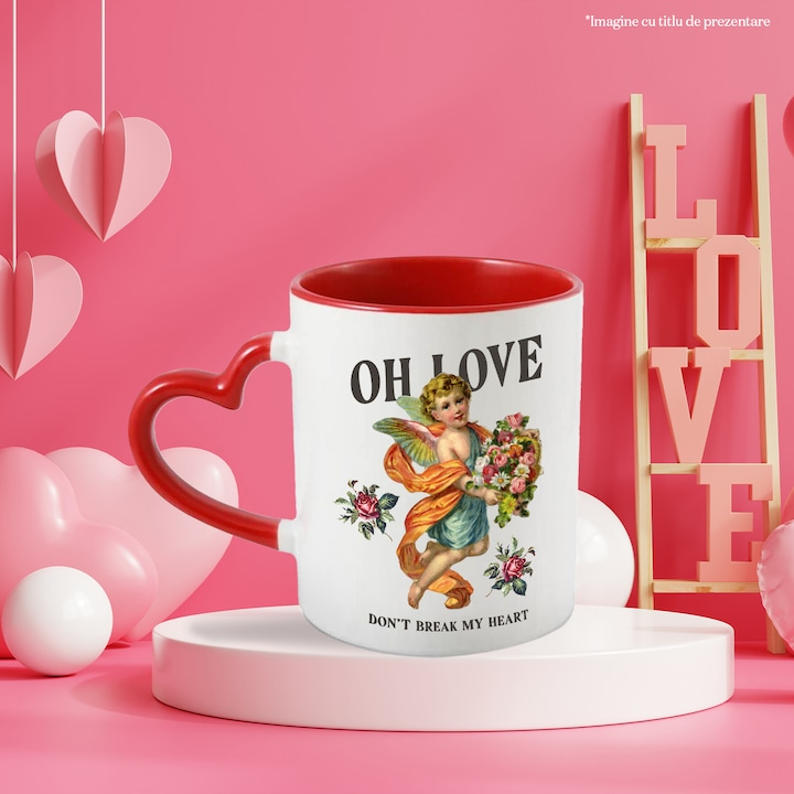 Cana Declaratie de Iubire, Oh Love, Don’t Break My Heart, Inger, Flori, Aripi, Ceramica , 330 ml, Multicolor cu maner Inima Rosie [2]