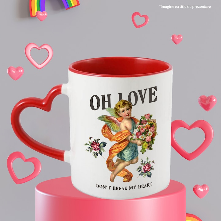 Cana Declaratie de Iubire, Oh Love, Don’t Break My Heart, Inger, Flori, Aripi, Ceramica , 330 ml, Multicolor cu maner Inima Rosie [3]