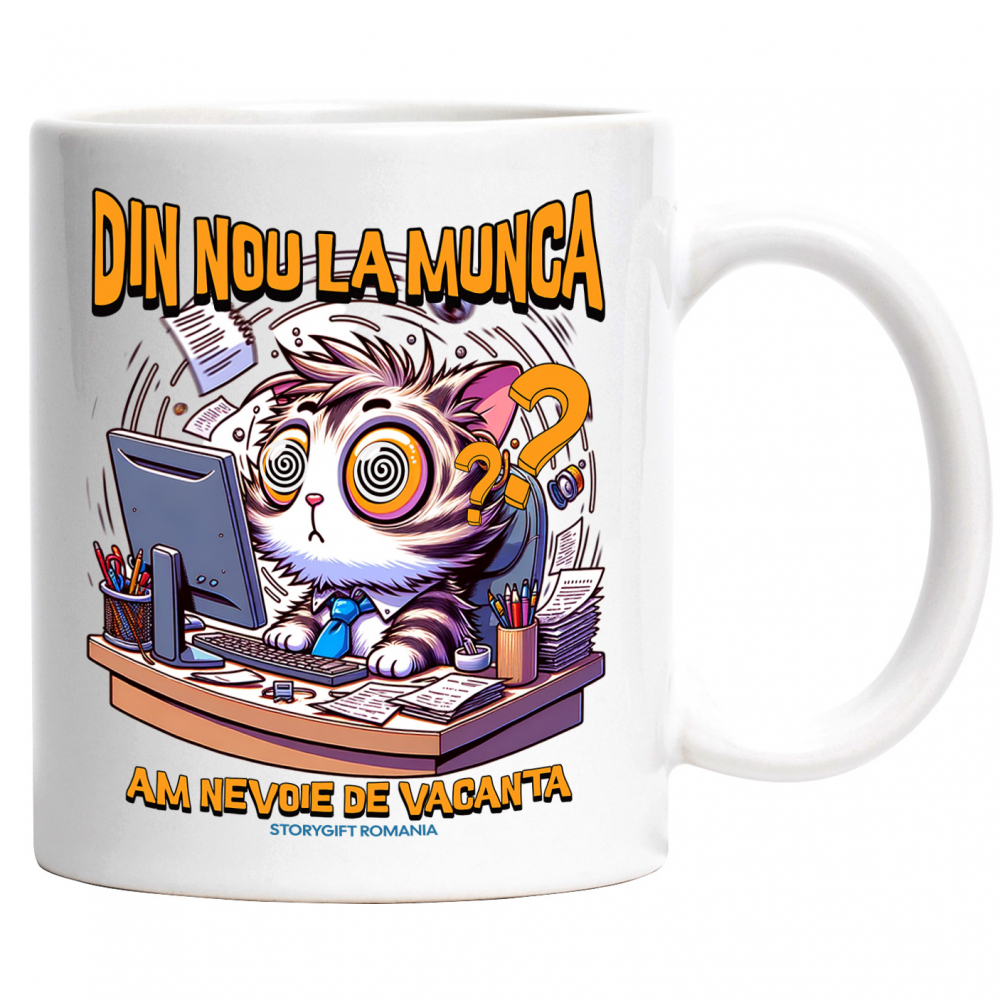 Cana din nou la munca pisica la birou work from home, 330ml, Ceramic cu Maner Alb [1]