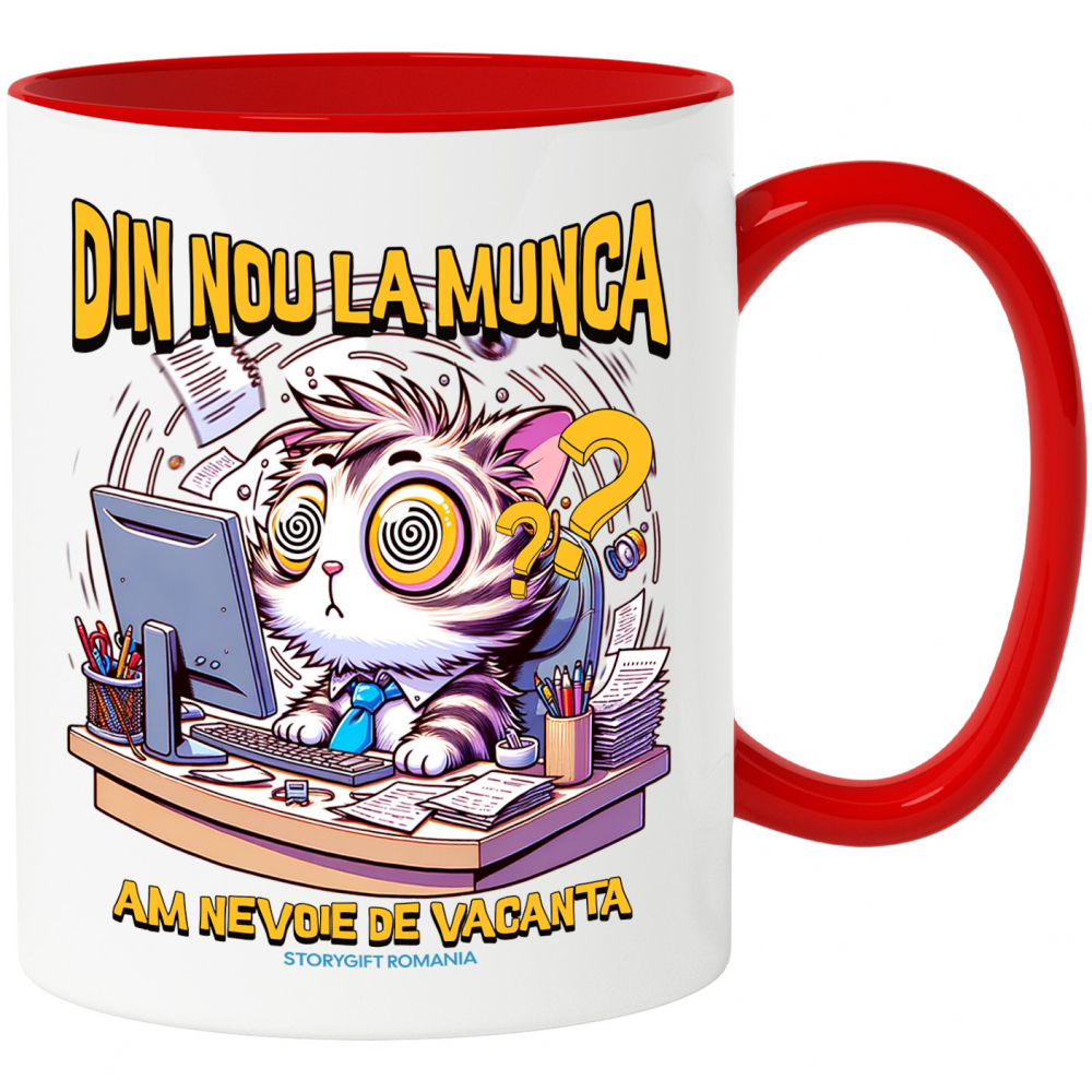 Cana din nou la munca pisica la birou work from home, 330ml, Ceramic cu Maner Rosu [1]