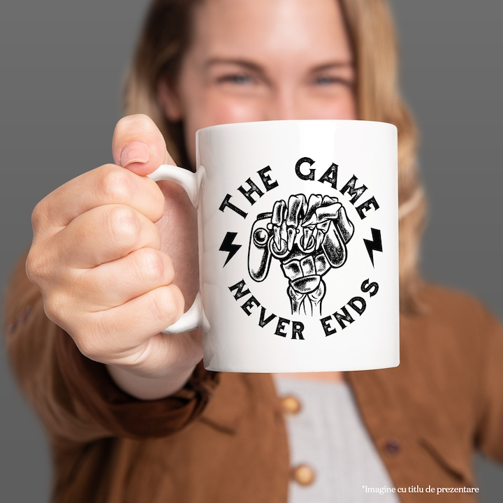 Cana Gamer, Jocul nu Se Termina Niciodata, Controller, Joystick, Skelet, The Game Never Ends, Ceramica , 330 ml, Multicolor cu maner Alb [2]