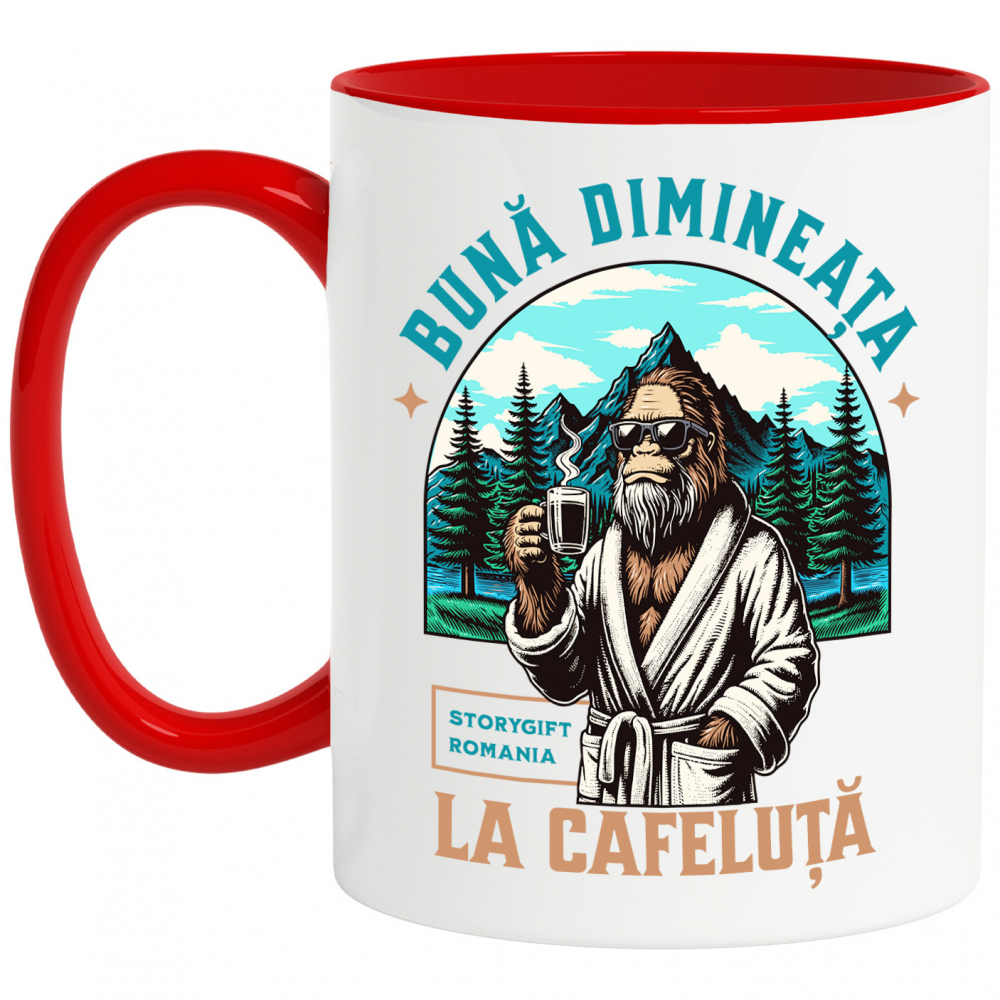 Cana Gorila in halat savurand cafeaua de dimineata, 330ml, Ceramic cu Maner Rosu [1]