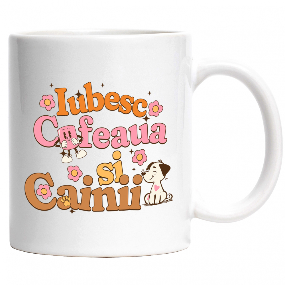 Cana Iubesc cafeaua si caini animale mama, 330ml, Ceramic cu Maner Alb [1]