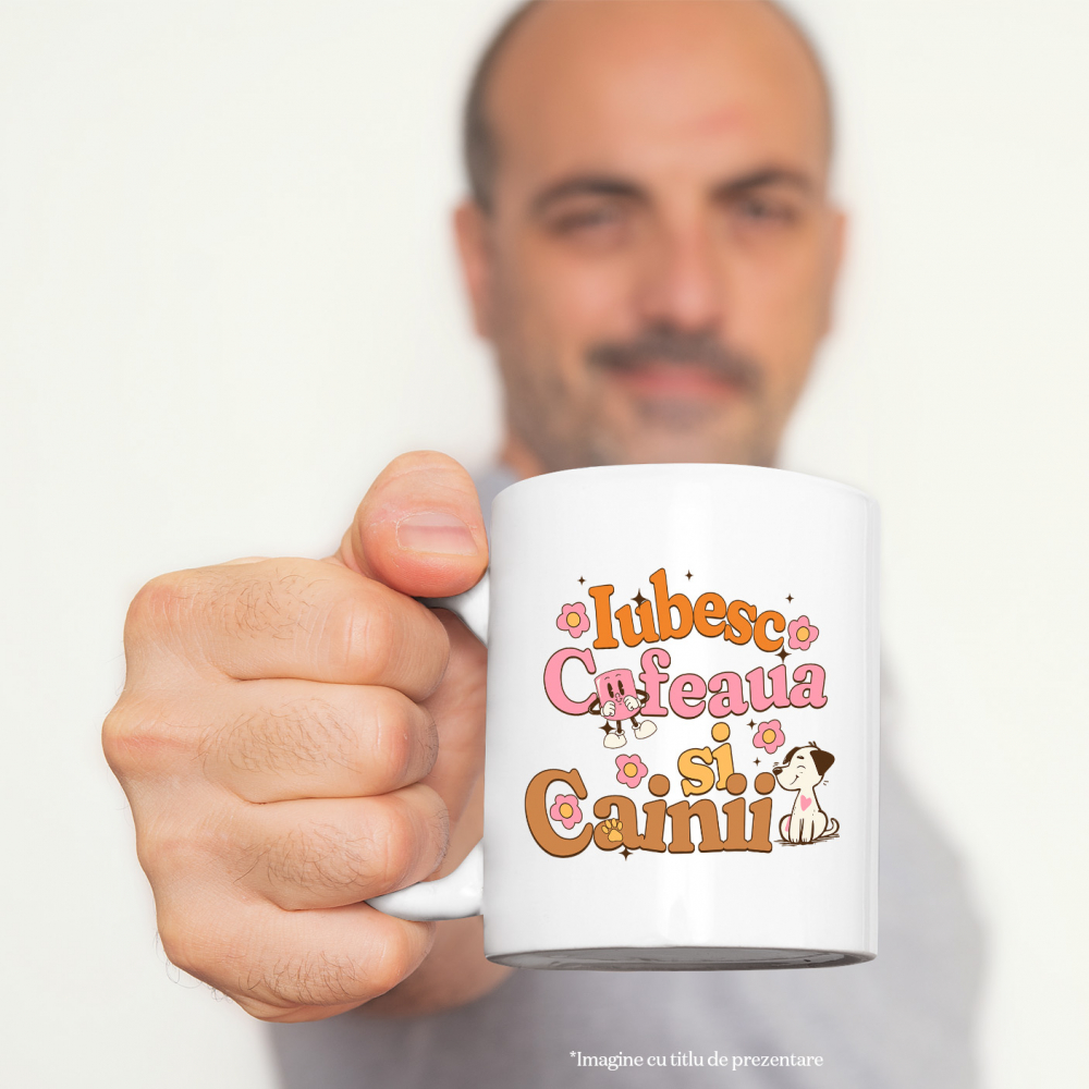 Cana Iubesc cafeaua si caini animale mama, 330ml, Ceramic cu Maner Alb [2]