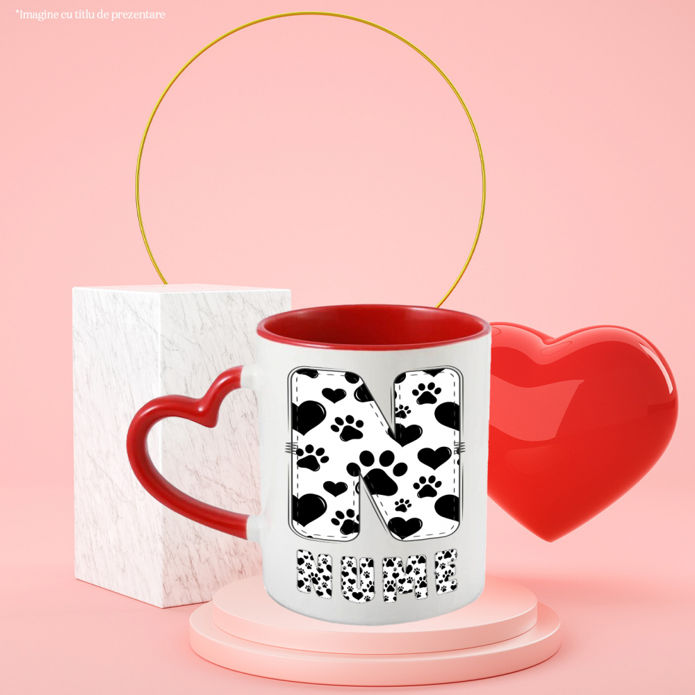 Cana Iubitorii De Animale, Laubuta, Text Personalizat, Culoare Alb Negru, Caine, Cu Litera, 330ML, Ceramica, Cu Maner Inima Rosie si Interior Rosu [3]