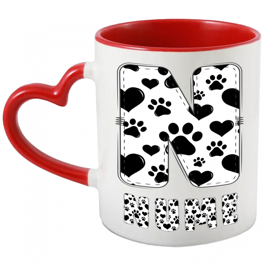 Cana Iubitorii De Animale, Laubuta, Text Personalizat, Culoare Alb Negru, Caine, Cu Litera, 330ML, Ceramica, Cu Maner Inima Rosie si Interior Rosu [1]