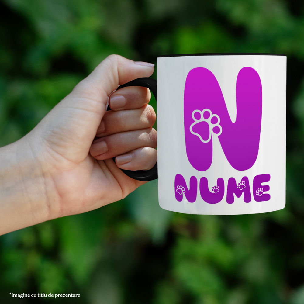 Cana Iubitorii De Animale, Laubuta, Text Personalizat, Culoare Mov, Caine, Cu Litera, 330ML, Ceramica, Cu Maner si Interior Negru [2]