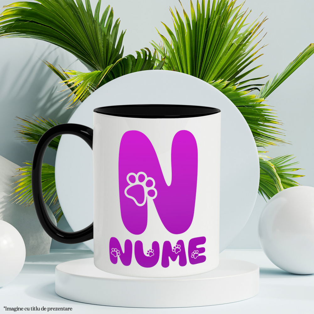 Cana Iubitorii De Animale, Laubuta, Text Personalizat, Culoare Mov, Caine, Cu Litera, 330ML, Ceramica, Cu Maner si Interior Negru [3]