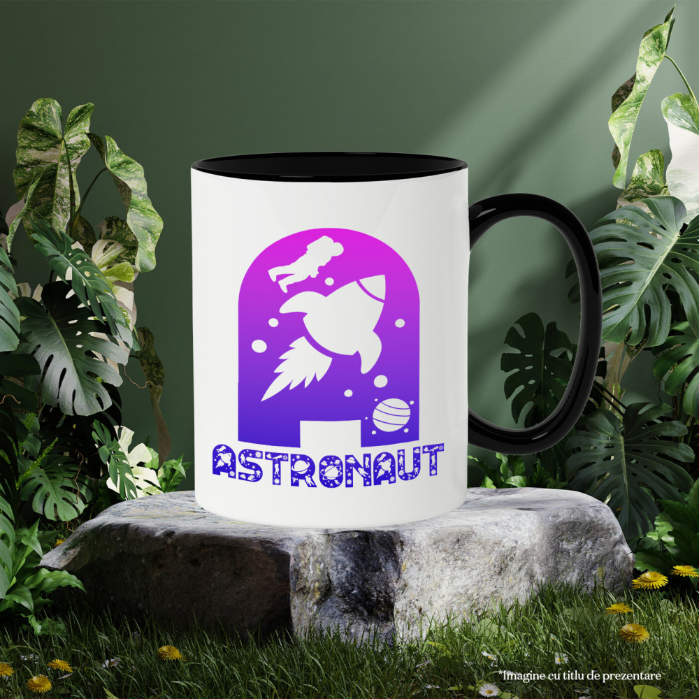Cana Iubitorii De Astronomie, Racheta astronaut, Text Nume Personalizat, Multicolor, Cu Litera, 330ML, Ceramica, Cu Maner si Interior Negru [3]