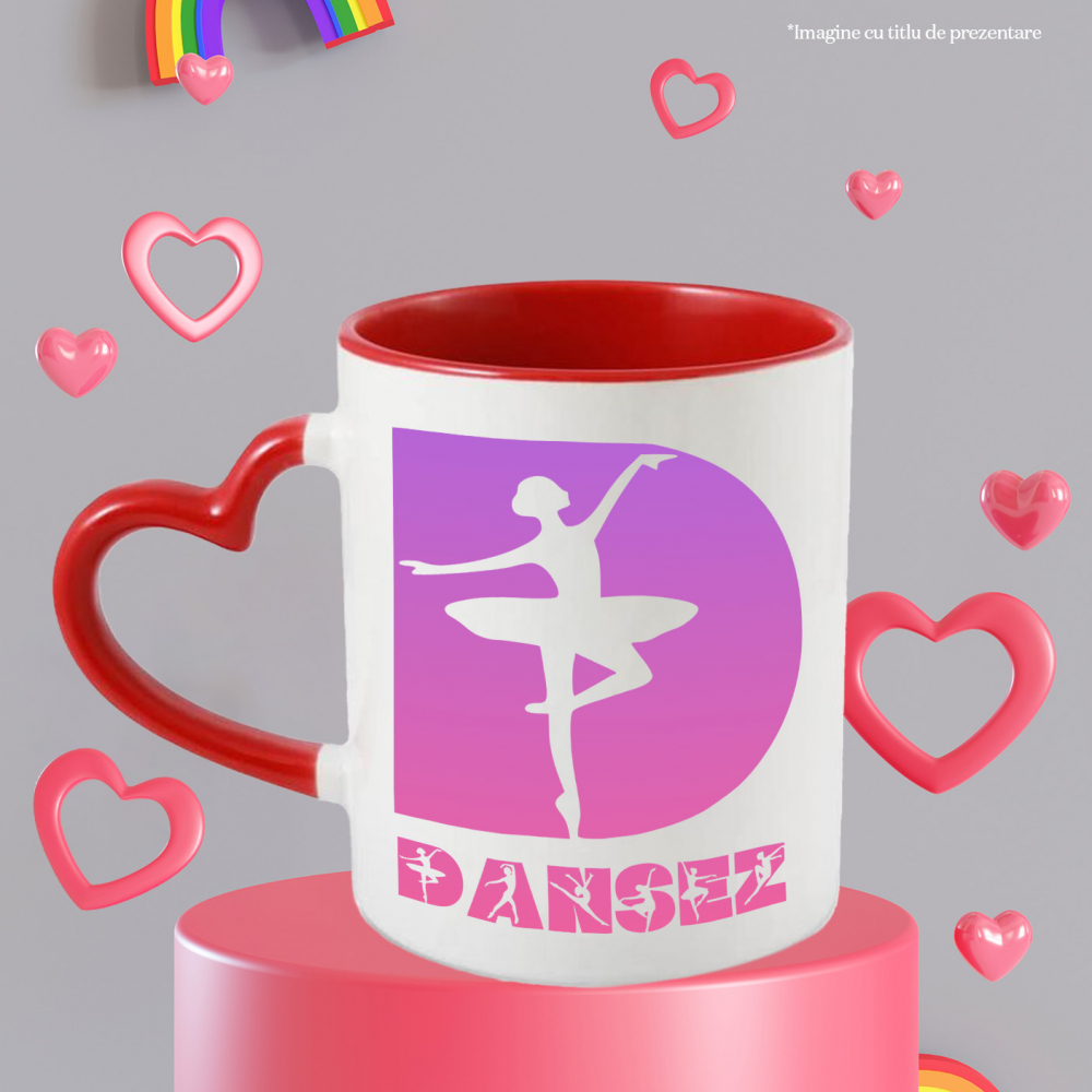 Cana Iubitorii De Balet, Silueta Dansatoare, Text Nume Personalizat, Copii, Culoare Roz, Cu Litera, 330ML, Ceramica, Cu Maner Inima Rosie si Interior Rosu [3]