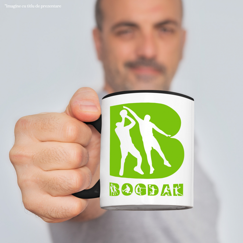 Cana Iubitorii De Bascketball, Minge, Siluete Sportivi, Text Nume Personalizat, Copii, Culoare Verde, Cu Litera, 330ML, Ceramica, Cu Maner si Interior Negru [2]